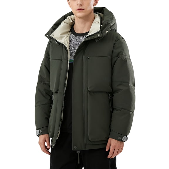 Raeneomay Men's Solid Color Puffer Coat Hooded Jacket Zipper Long Sleeve Pockets Thickened Warm Outerwear