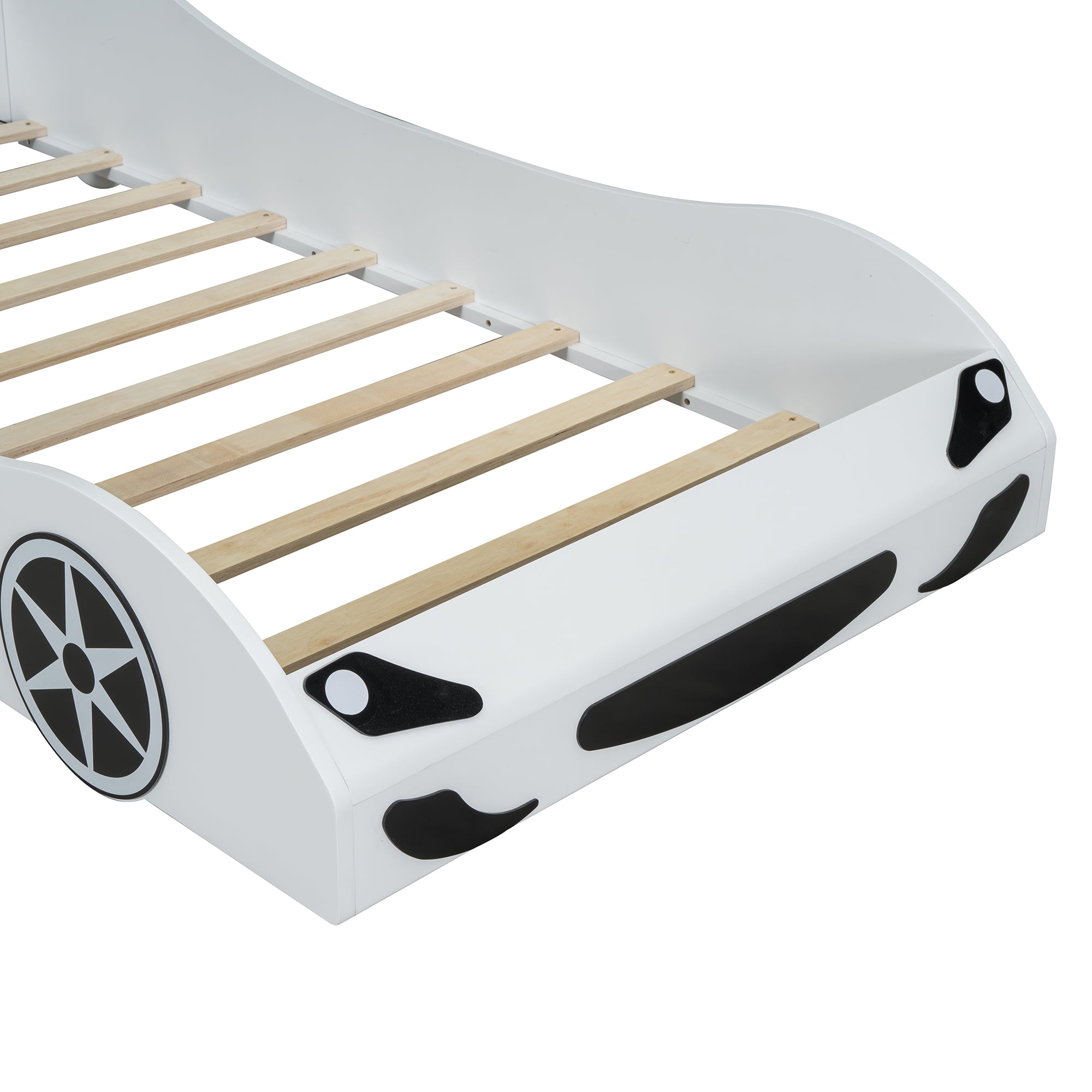Alvantor Wood Twin Size Bed Frame, Race Car-Shaped Platform Bed with LED and Upholstered Backrest, White