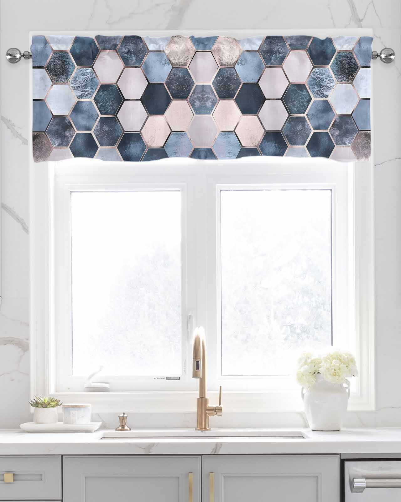 Navy Blue Grey Kitchen Valances for Windows Farmhouse Linen Window Valance Curtain for Living Room Window Treatment Modern Abstract Art Geometric Valance Rod Pocket Topper Drape, 54 x 18 Inch