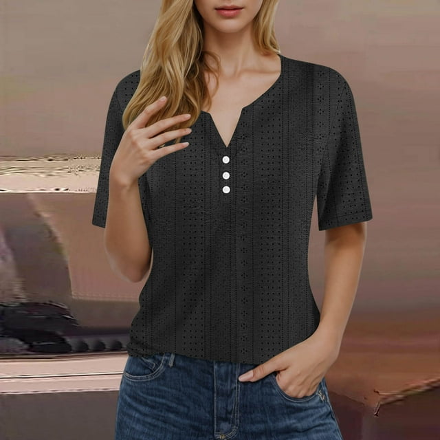 Womens Tshirts V Neck Short Sleeve Top Eyelet Embroidery Summer Loose Button Front Short Sleeve T Shirts