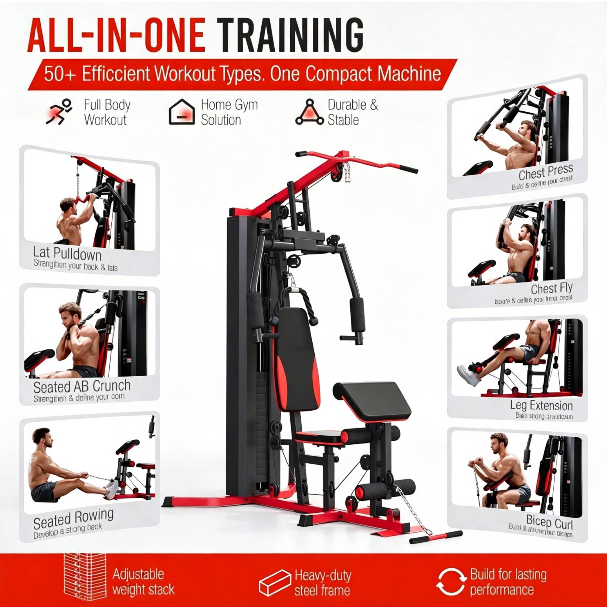 Sprint Demon Home Gym Machine with 160 lb Weight Stack, Multi-Station Full Body Strength Training System with Adjustable Press Arms, Lat Pulldown & Leg Developer for Home Gym