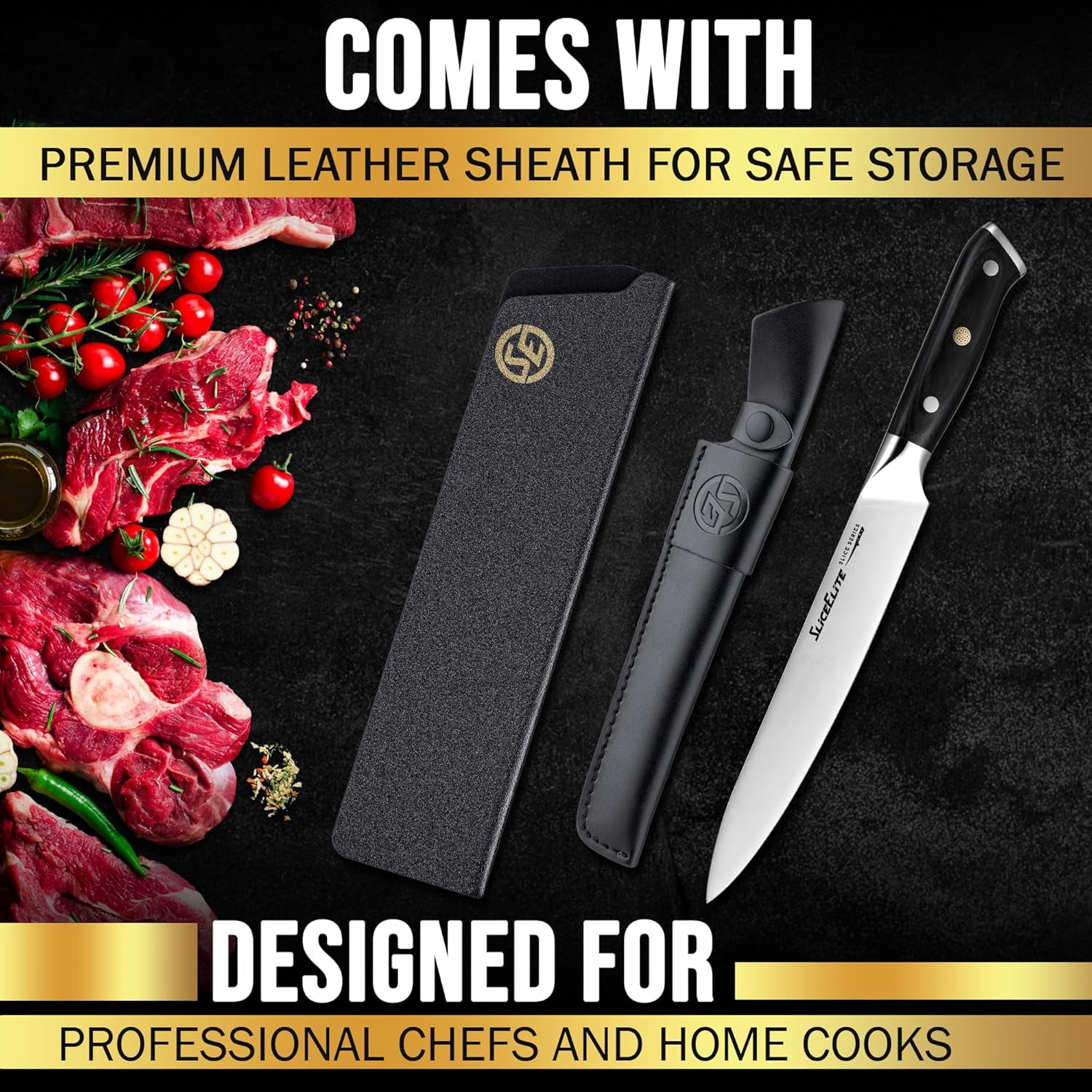Slice Series 8-Inch Carving Knife - High Carbon German Steel Blade with Ergonomic Pakkawood Handle and Durable Polymer Sheath (Carving Knife with Leather Sheath)