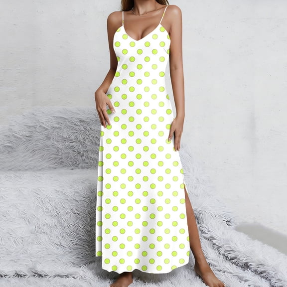 NTACZA Spaghetti Strap Womens Dresses V Neck Polka Dot Maxi Dress Loose Silky Ladies Sleeveless Slip Dresses L
