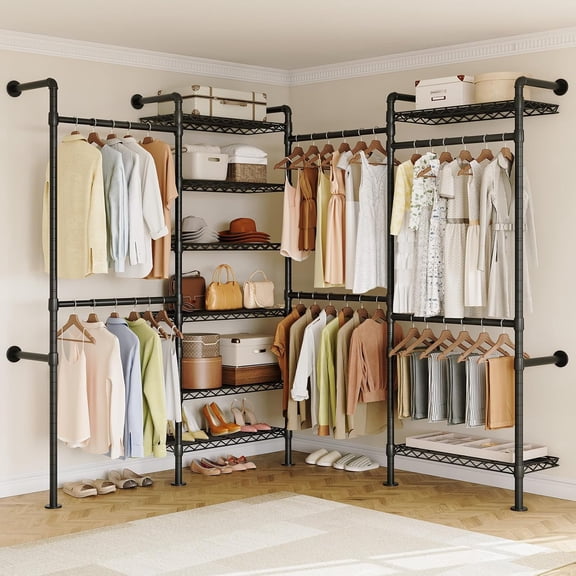 L4 Wall Mounted Heavy Duty Corner Industrial Pipe Clothing Rack | Closet Organizer and Storage System with 6 Hanging Clothes Rods ( 4 Expandable) & 8 Shelves, Large Wardrobe - Black