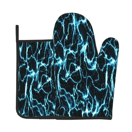 

Xecao Lightning Pattern Oven Mitts and Pot Holders Sets Heat Resistant Silicone Oven Mittens Extra Thicken Long Kitchen Cotton Oven Glove for Cooking