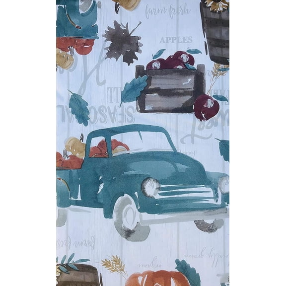 Farm Fresh Fall Harvest Teal Trucks Pumpkins Apples Sunflowers on Rustic White Wood Vinyl Flannel Backed Tablecloth (52x102 Oblong)