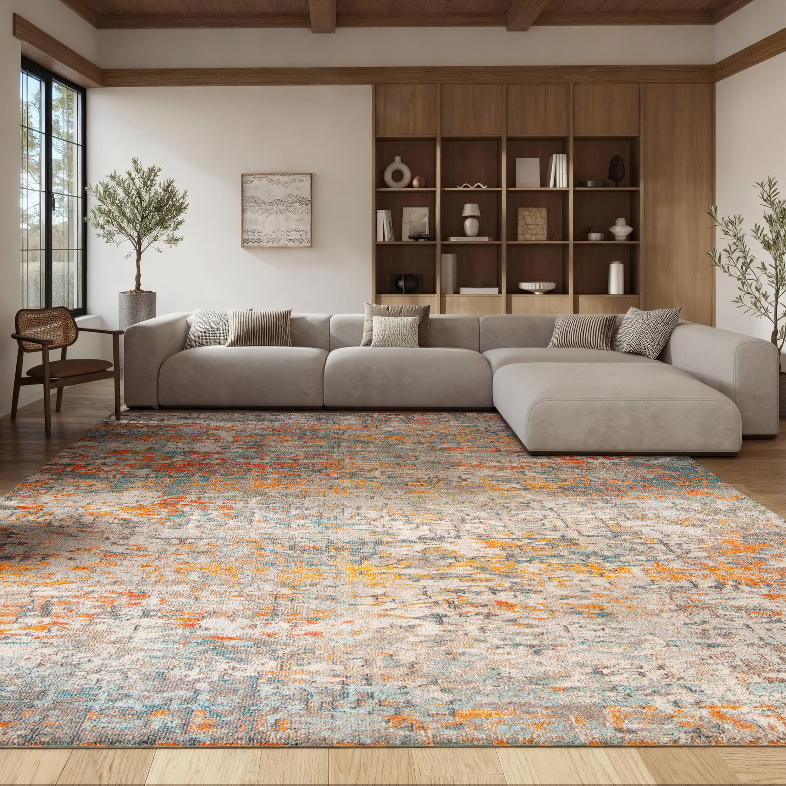 SAFAVIEH Madison Kebo Abstract Area Rug, Grey/Orange, 6' x 9' - Modern Design, Grey & Orange, Ideal for Living Room, Bedroom, Dining Space
