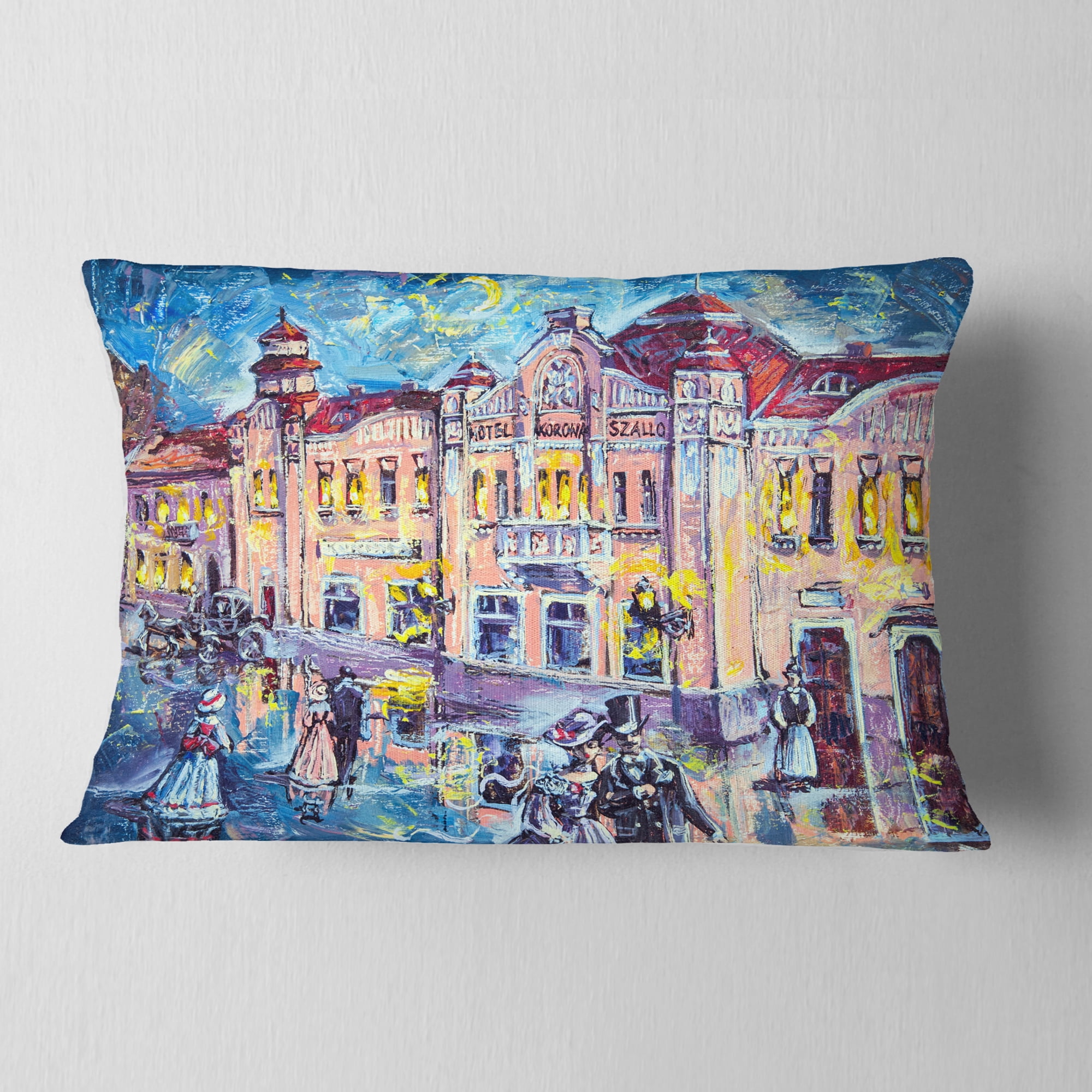 Designart City at Night with People - Cityscape Throw Pillow - 12x20