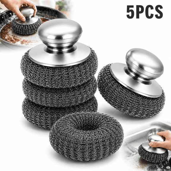 Emlimny 5 Pcs Steel Wool Scrubbers with 2 Handles,Steel Wool Pads Scrubbers, Stainless Steel Scrubber Set for Cleaning Pots, Dishes, Stove, Sink , Non-Scratch Kitchen Cleaning Set