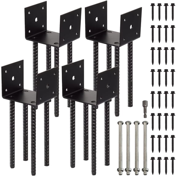 VASGOR Fence Post Holder Ground Spike Use for Concrete Deck - Post Base Anchor Metal Black Powder Coated 4 Inches x 4 Inches (Inner Dia 3.5x3.5) 4 Pack