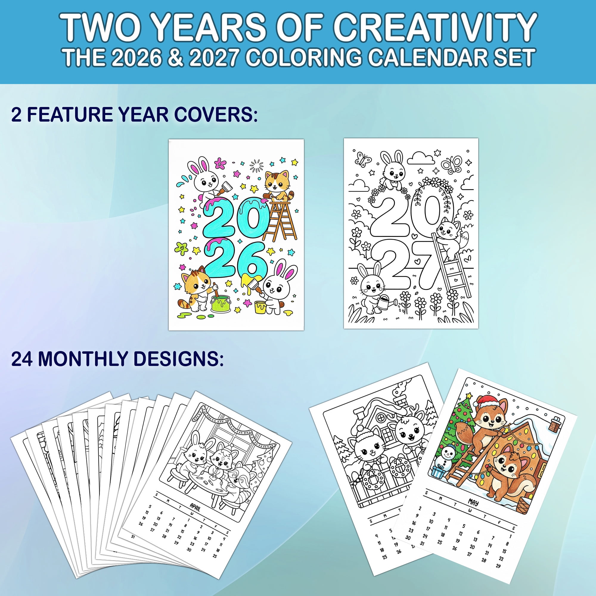 Christmas Friends Coloring Desk Calendar 2026–2027, A5 Wooden Cover Planner with 26 Easy Coloring Pages for Adult Relaxation, 24 Month Desktop Calendar with Stand, Gift for Family & Friends
