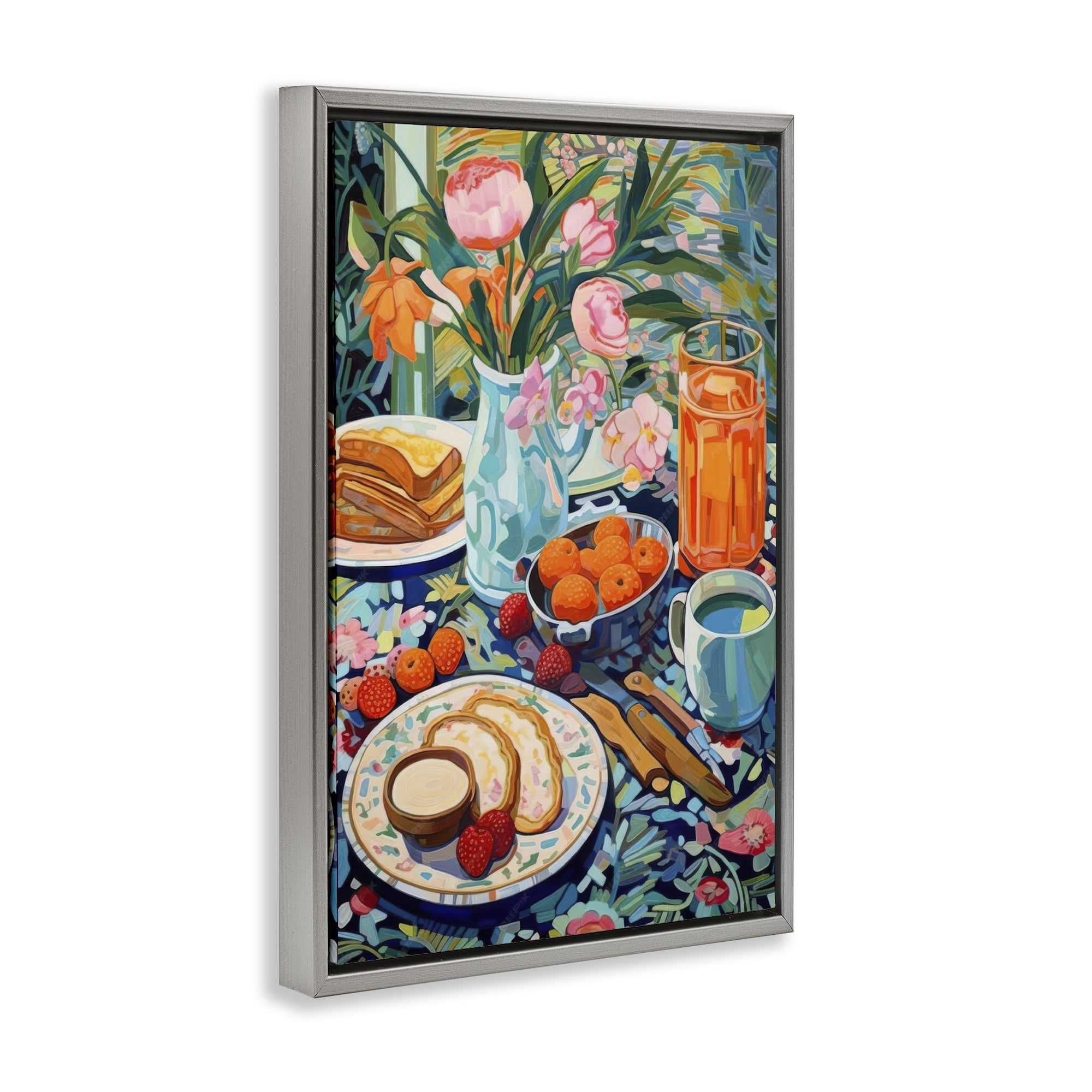 Stupell Industries Bright Breakfast Spread Food & Beverage Painting Gray Floater Framed Canvas Art Print Wall Art, 17 x 25
