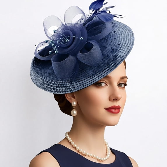 FUZHIQ Mesh Flower Feather Derby Fascinator Hat, Wide Brim Tea Party Headwear for Women, Church Wedding Cocktail & Stage Show Fashion Accessory