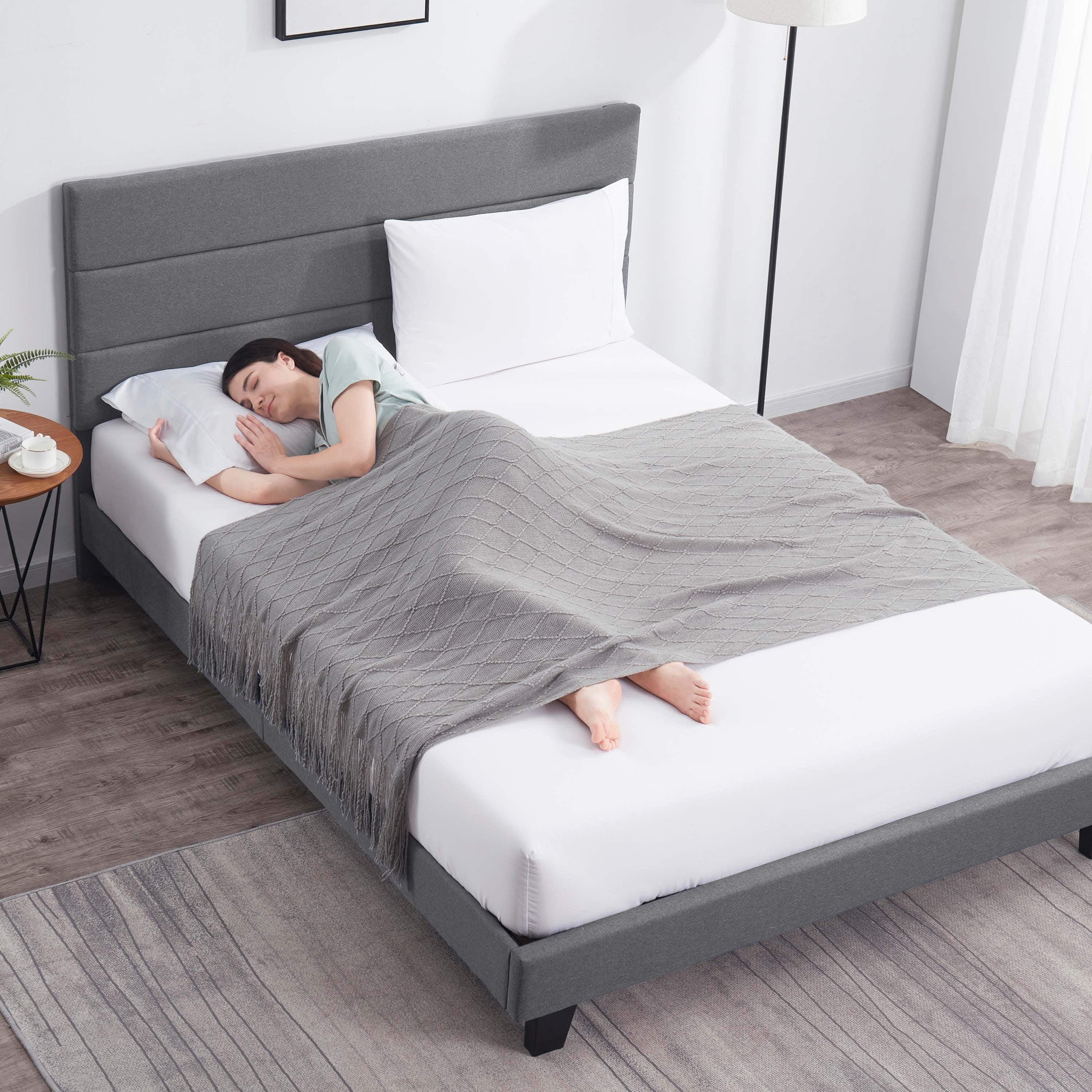 Lammaloe Full Size Platform Bed Frame with Horizontal Channel Upholstered Headboard, Grey, Full