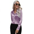 thumbnail image 3 of Women's Satin Silk Long Sleeve Button Down Shirt Formal Work Blouse Top Point Collar Vintage Button Up Shirt Work Office Silky Shirts Tops S-XL, 3 of 9