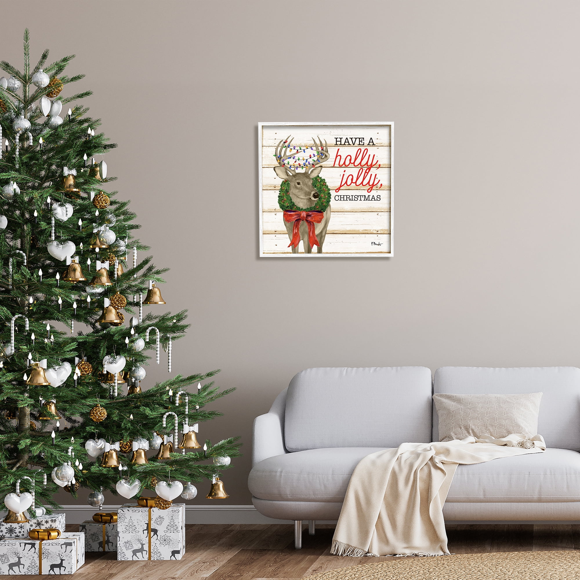 Stupell Industries Holly Jolly Christmas Deer Holiday Painting White Framed Art Print Wall Art, 24 x 24