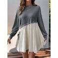 thumbnail image 4 of Women'S Color Block Round Neck Long Sleeve Ruffle Hem Casual A Line Short Dress Dark Gray L, 4 of 7