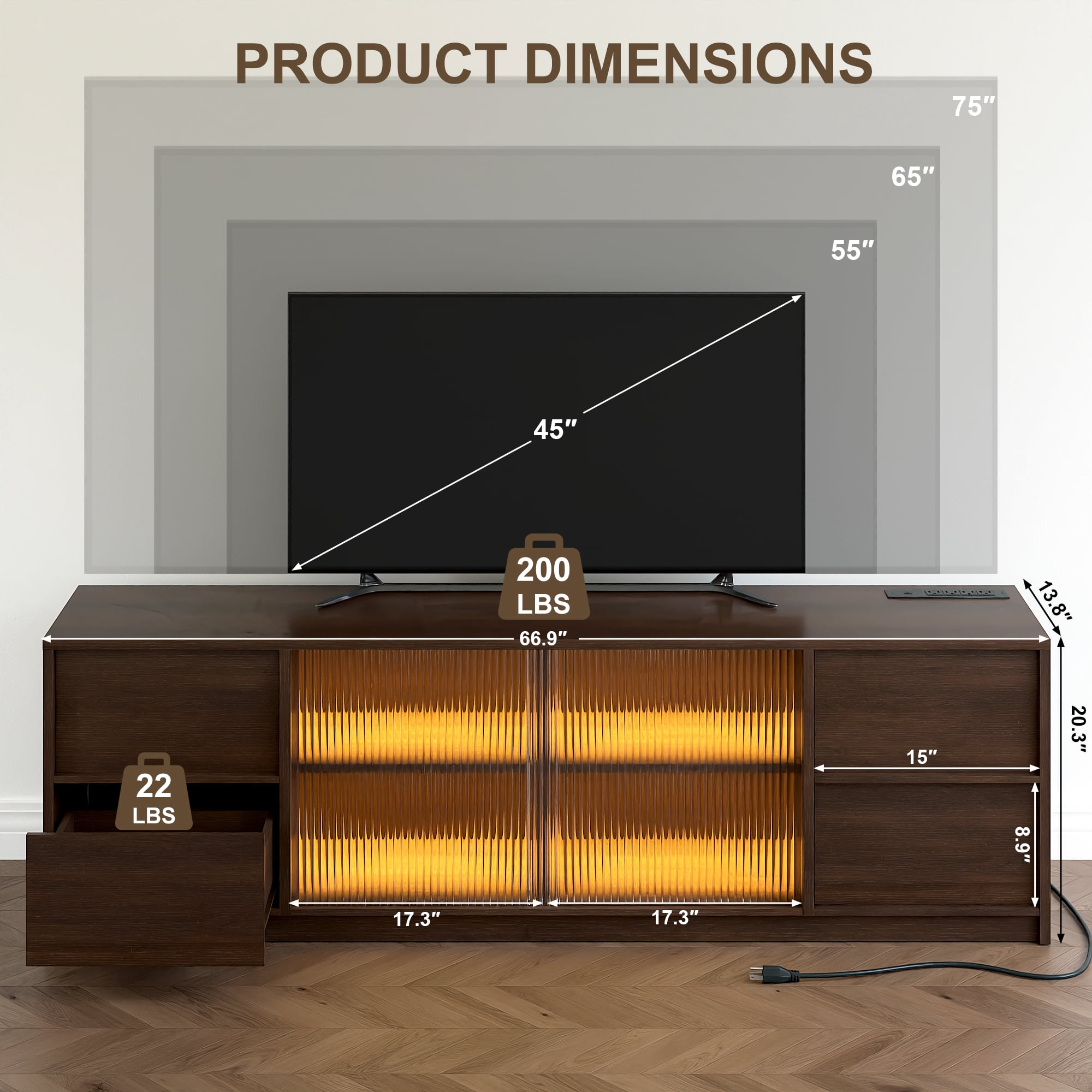GUNAITO TV Stand for TVs up to 75", Big TV Stand for Living Room with 4 Drawers and LED Lights, Entertainment Center with Storage, Walnut