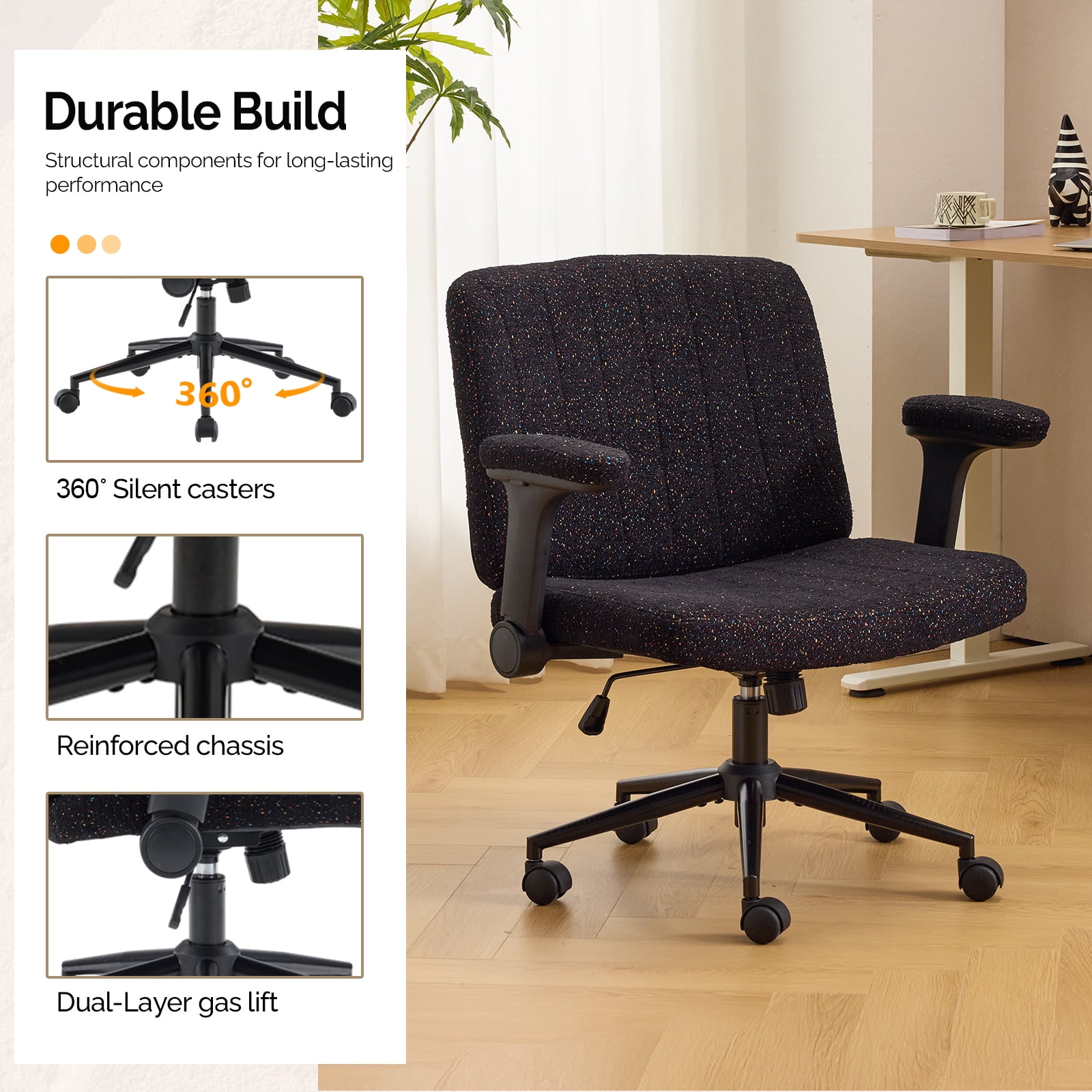 Ktaxon Office Chair, Flip-Top Armrest Desk Chair on Metal Star Base, Starry Chenille Vanity Chair with Adjustable Height & Swivel Wheels Black