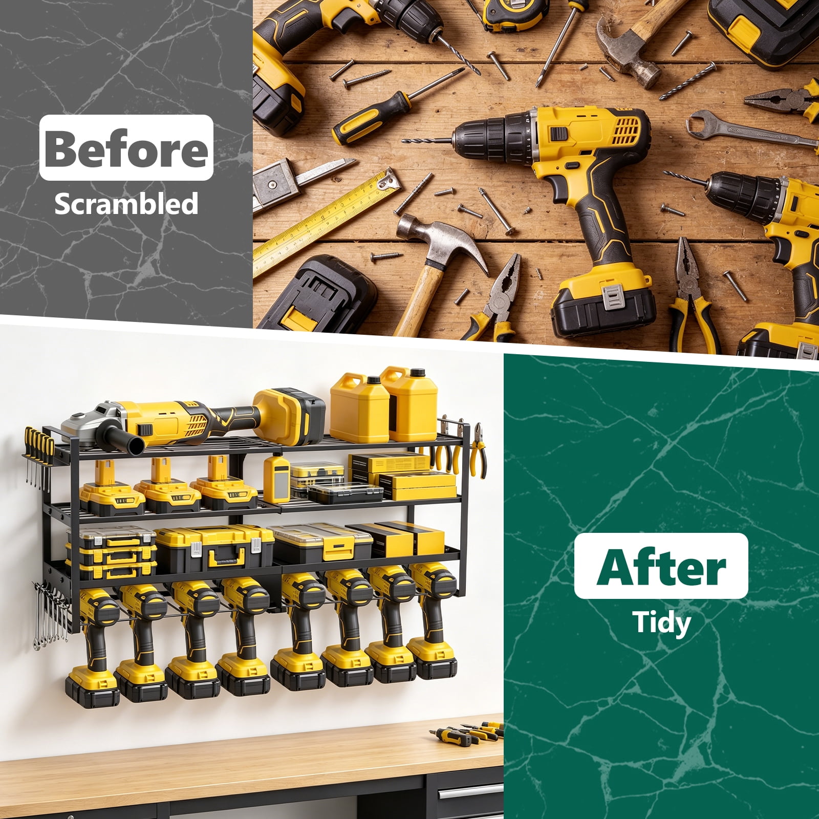 WLLJOY Power Tool Organizer Wall Mount, 4 Layer Heavy Duty Loads 400 lbs, with 8 Drill Holder, Large Tool Storage Rack for Workshop/Utility Room