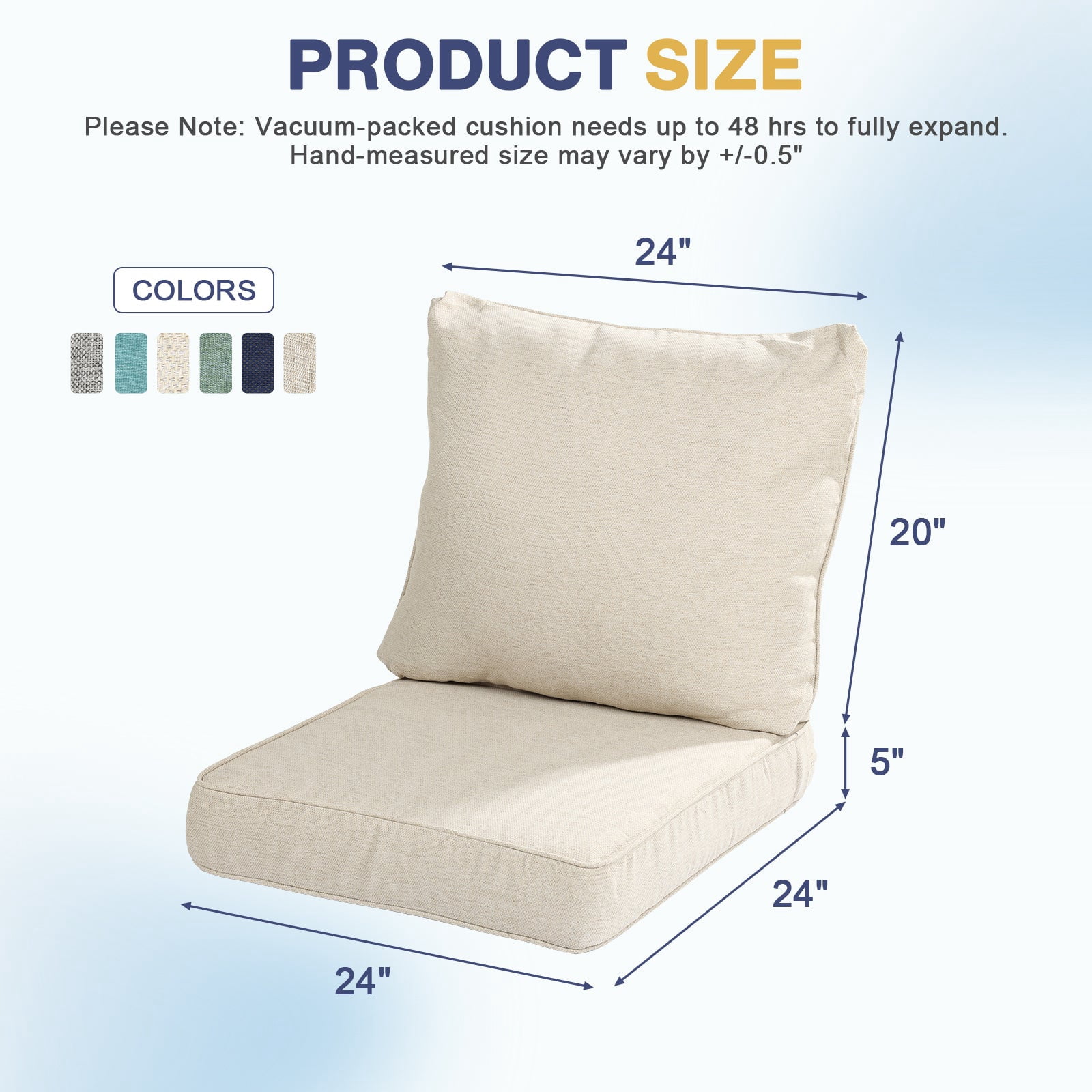 Aoodor 24 x 24 Inch Outdoor Seat Cushion, Water-Resistant & Fade Resistant Deep Seat and Back Cushion with Removable Cover for Patio Furniture Chair, Sofa and Couch, Cream Beige