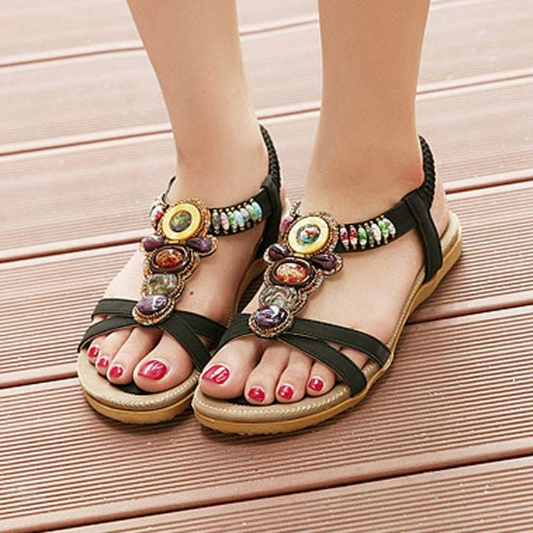 Wefuesd Slippers For Women Clarks Sandals For Womenclarks Women S Fashion Sweet Beaded Clip Toe Flats Bohemian Herringbone Sandals Black 43