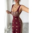 thumbnail image 4 of Red Womens Elegant Square Neck Spaghetti Strap Backless Slit Hem Fitted Maxi Dress With Gold Embroidery, 4 of 7