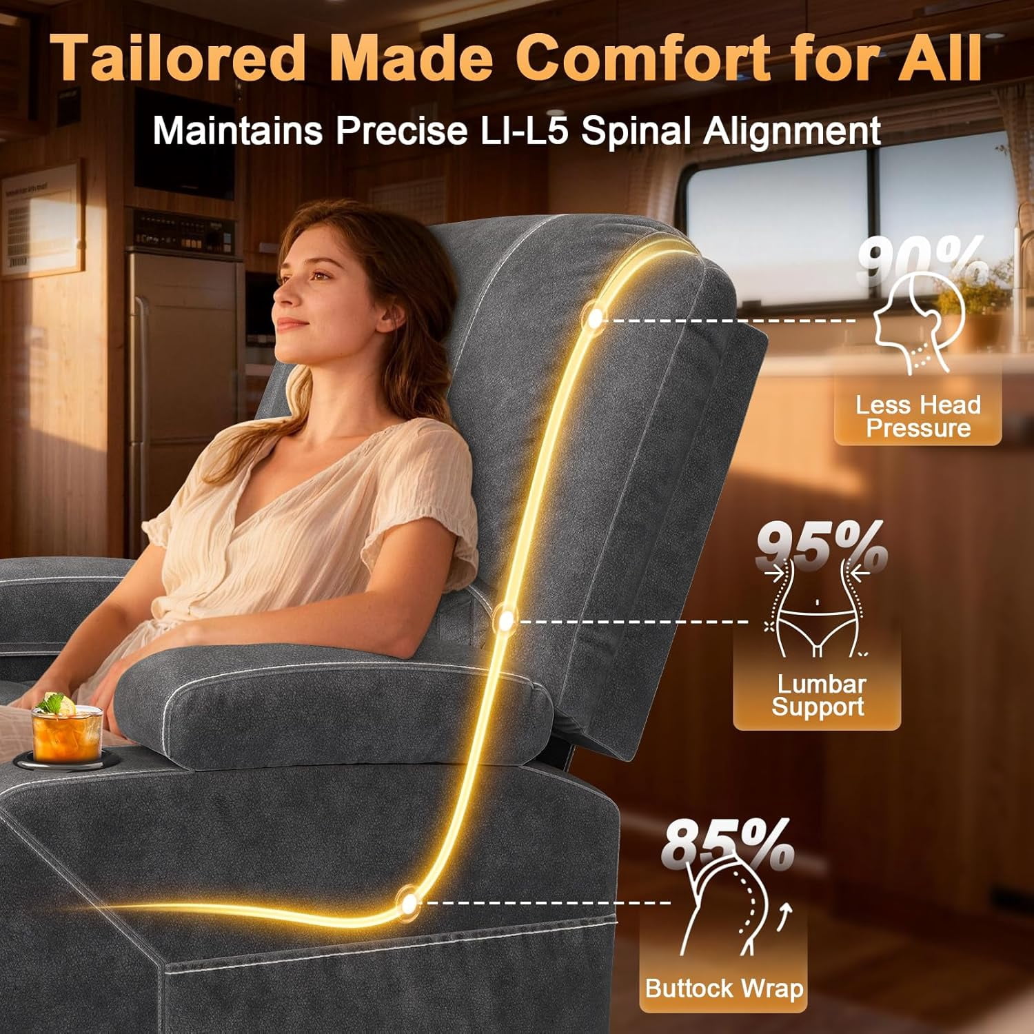 Oversized Manual Recliner Chair, 3X Home Theater Seating, RV Single Sofa w/ Storage & Cup Holder, for Living Room , Velvet Grey
