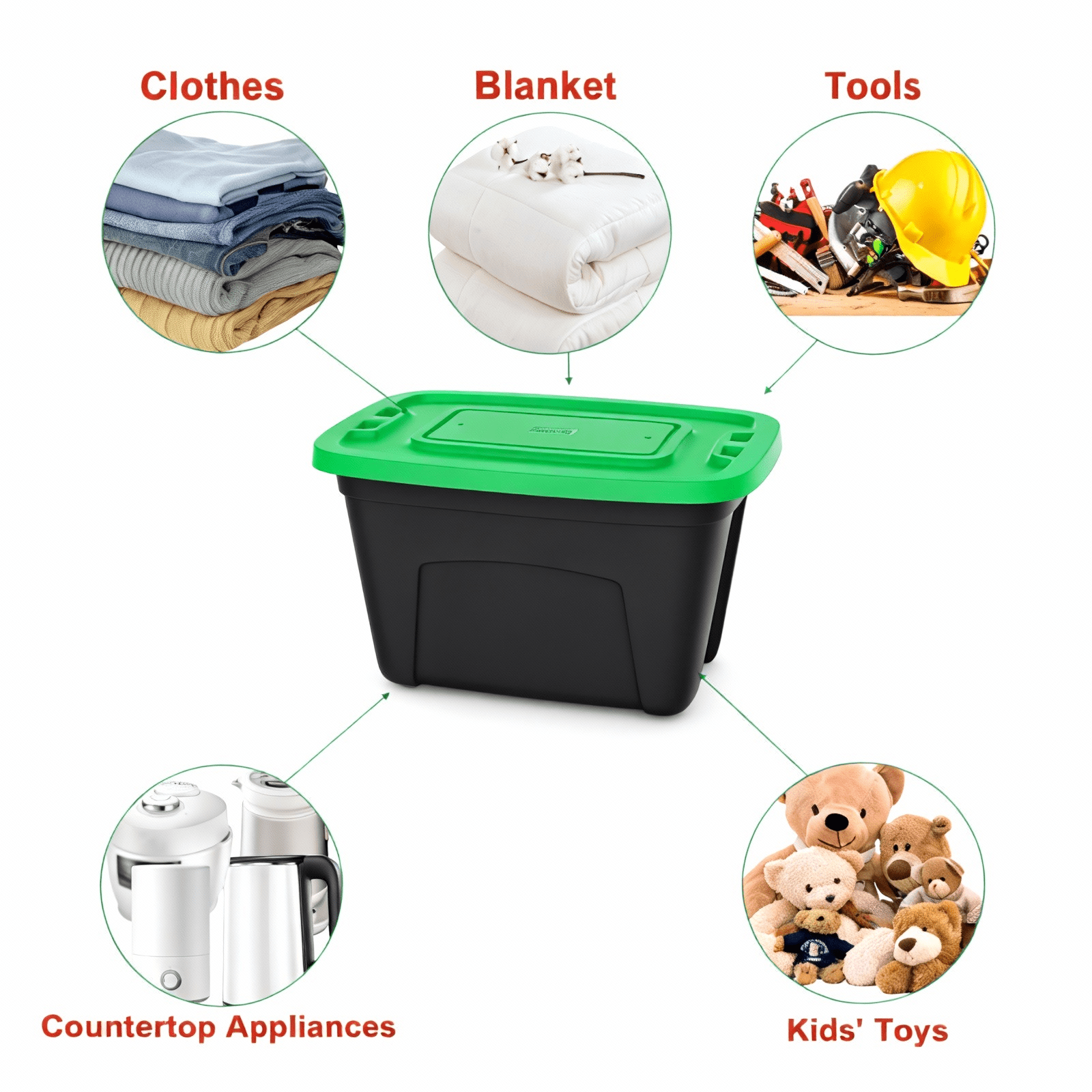 SimplyKleen 18-Gallon 4 pack Stacking Plastic Storage Containers with Lids, Black Body/Green Lid