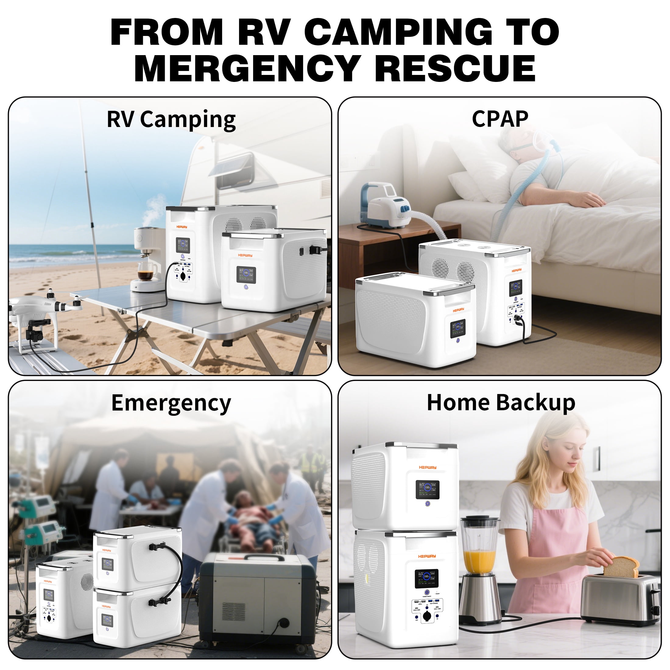 HEPWAY Portable Power Station with 2*Extra Battery, 2400W 6144Wh LiFePO4 Battery W/ Expandable Capacity 32kWh, Solar Generator for Home UPS Blackout Backup RV(Alpha 2000 & 2PCS Alpha 2000X Included)