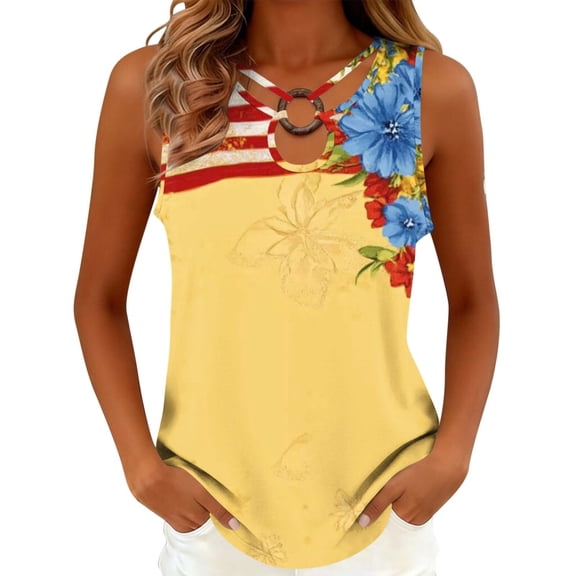Fewfanhot Women's 4th of July American Flag Floral Tank Top, Patriotic Print Sleeveless Blouse with Ring Keyhole Neck, Casual Summer Independence Day Top, S-3XL