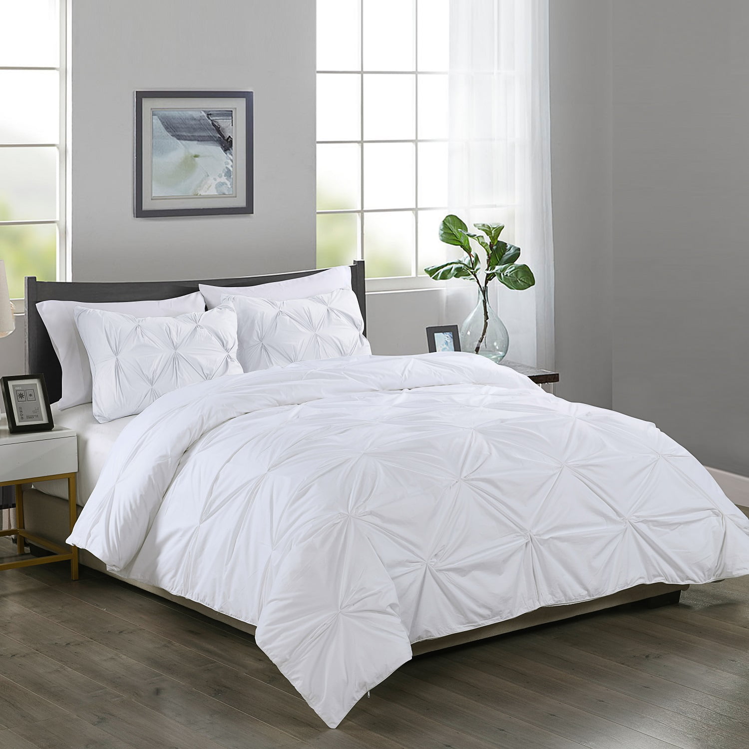 White Cotton Pintuck King Duvet Cover Set with Shams