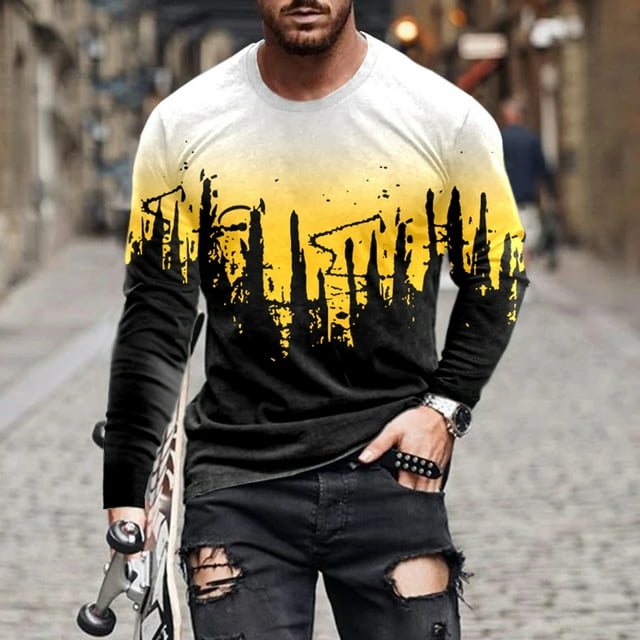 Mikilon Men Casual Round Neck Pullover Printing Long Sleeve T Shirt Blouse