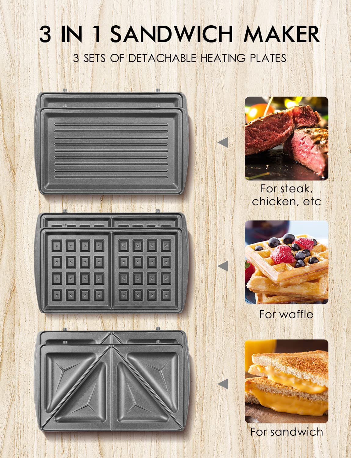 Reemix 3-in-1 Waffle, Grill & Sandwich Maker, Panini Press Grill and Waffle  Iron Set with Removable Non-Stick Plates, Perfect for Cooking Grilled  Cheese, Tuna Melts, Burgers, Steaks and Snacks, Black