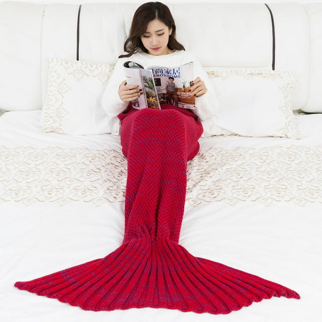 Couverture Queue de Sirène Douce Crochet Sac de Couchage Couverture pour Enfants Adultes, Rouge 90*50cm