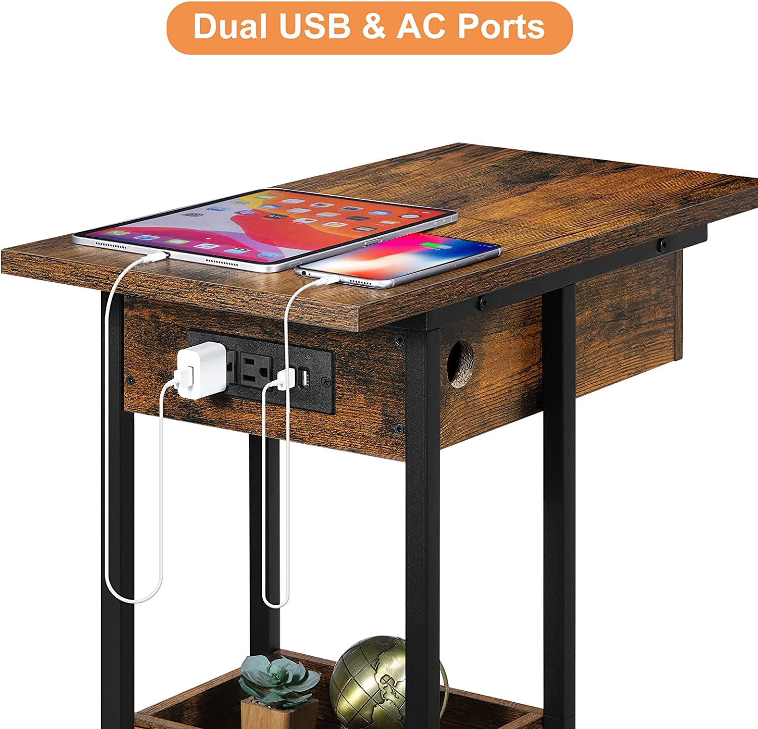 Oumilen Western Home C Shaped Small End Table with Storage Basket Rolling Casters in Rustic Burnt Wood, Build-In Fast Charging Station with USB Ports