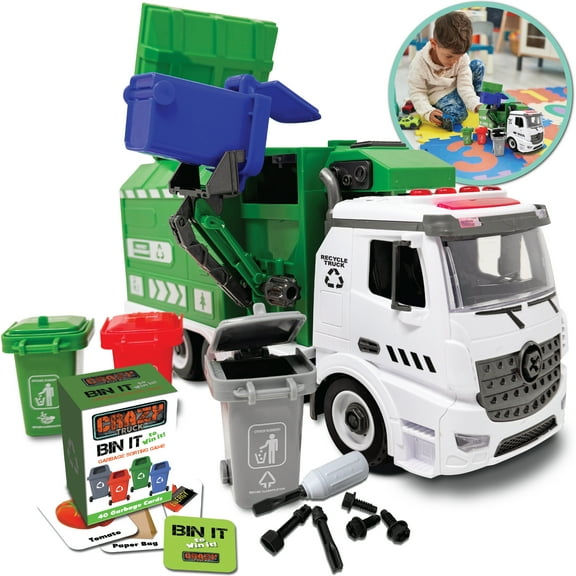 Crazy Truck 1:16 Recycling Garbage Truck Toy with Lights, Sounds, Tools & Flash Cards for Kids