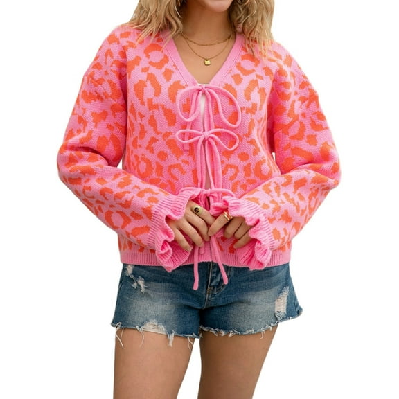 Women'S Fuzzy Leopard Print Sweater Long Sleeve Lace-Up Knit Crochet Long Sleeve Cardigan Rose Red L