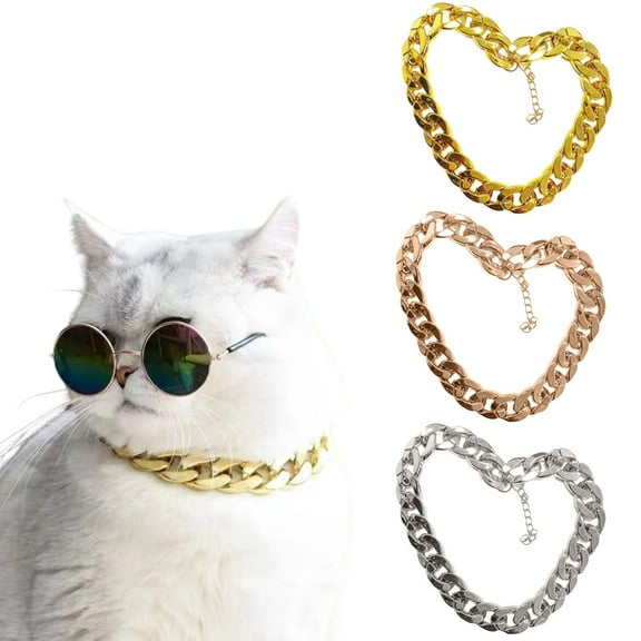 Harikaji 3PCS Pet Chain Collar, Gold Cuban Link Kitten Walking Dog Collars, Cat Necklace Chain Jewelry Accessories for Cats Small Meidum Large Dogs S