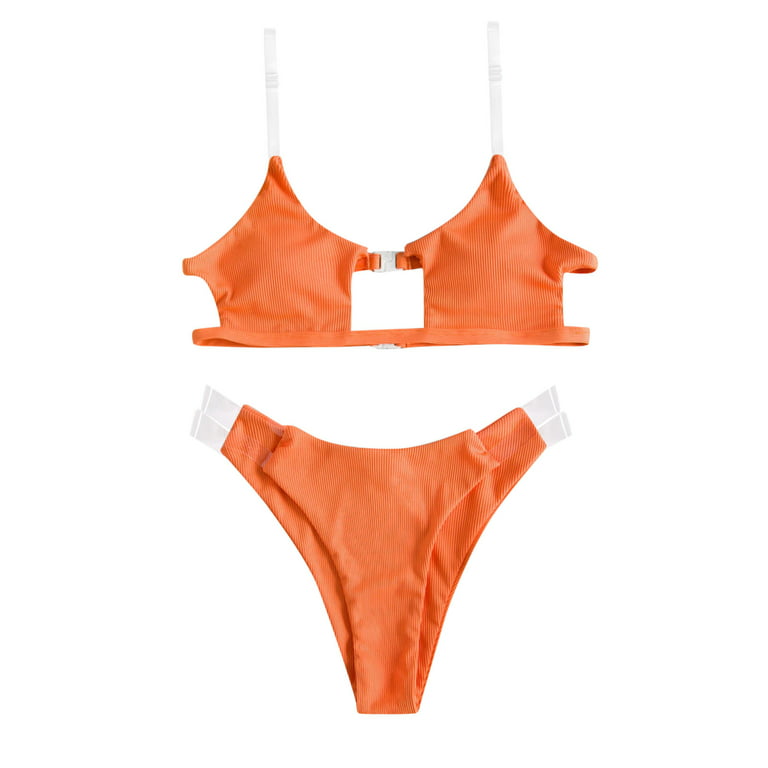 HWRETIE Swimsuits for Women's Plus Size Women Clear Straps Ribbed Bikini  Set Push-Up Brazilian Swimwear Beach Swimsuit Flash Picks Orange XL 