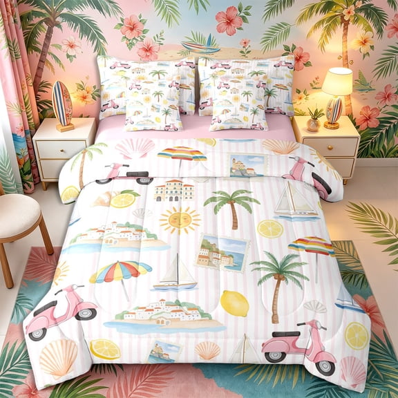 Castle Fairy Watercolor Summer Holiday Beach 7-Piece Twin Bedding,Scooter Lemon Shell Striped Tile Bedding Comforter Set,Pink Cream,Pink Reversible