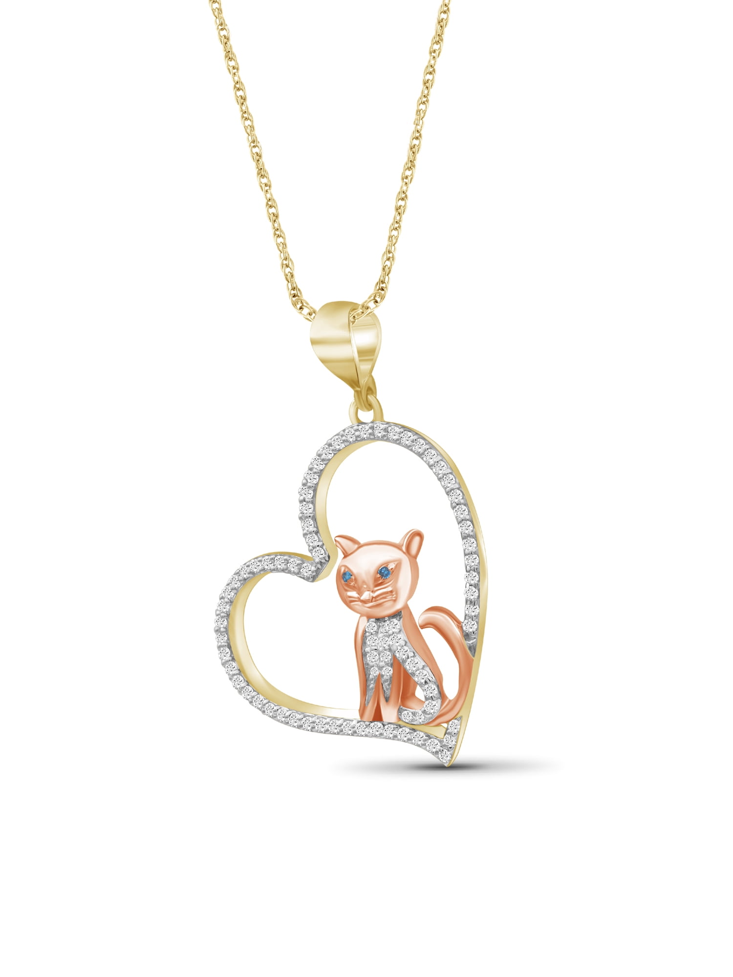 Diamond Cat Necklace Halloween Jewelry – Accent Blue & White Diamond Halloween Necklace – Two Tone Sterling Silver Rope Chain with Cat Pendant – Witchy Jewelry for Women by JewelersClub