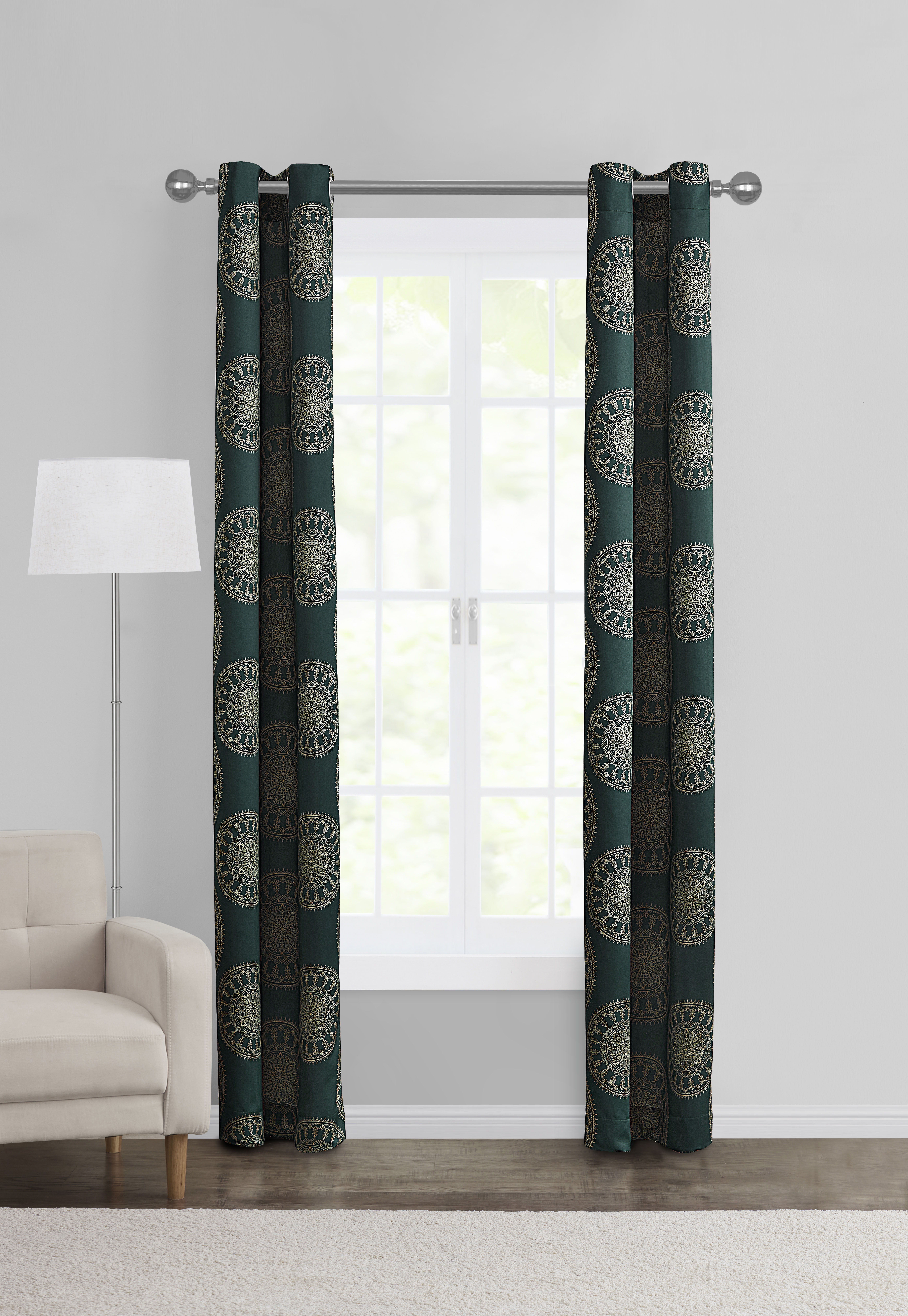 Mainstays Room Darkening Grommet Curtain Panel Pair, Set of 2, Medallion Dark Teal, 30"W x 84"L
