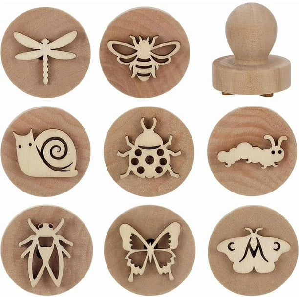 8 Sellos de Animales de Jardín, 8 Estilos, Sellos Redondos de Madera, 4,3 x 3,8 cm, Mini Sello Hecho a Mano Navajo de Libélula Blanca, Sello de Mariposa