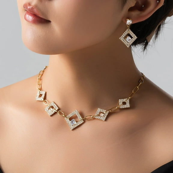 Square Zircon necklace  and Diamond Earrings, Copper, 2 Pieces