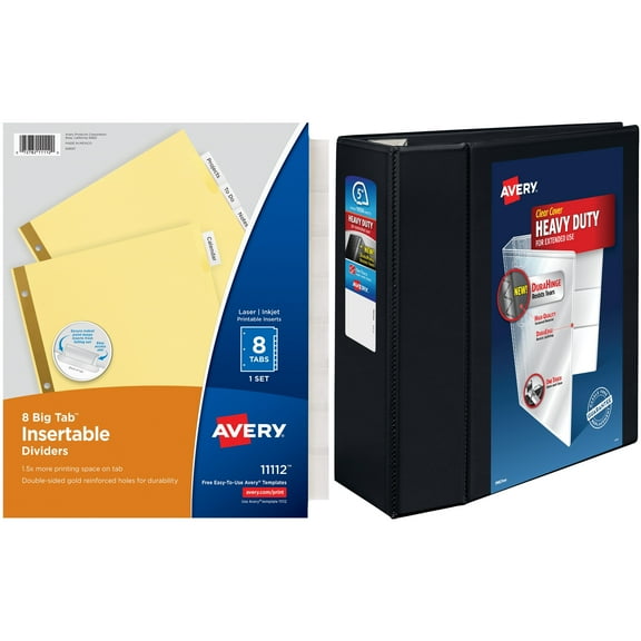 Avery Heavy-Duty View Binder with EZD Ring, Black, 5" with Avery WorkSaver Insertable Tab Index Dividers, 8-Tab, Clear, 24-Pack Bundle