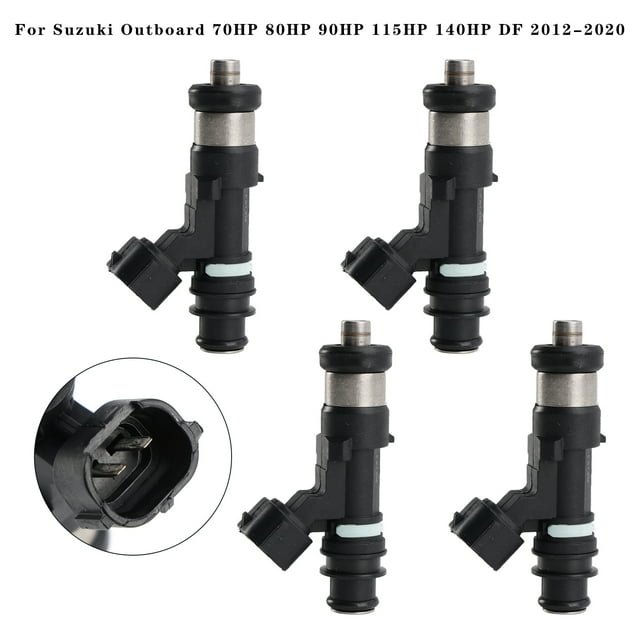 4PC 15710-82K50 EAT314 Fuel Injector for Suzuki Outboard engines, compatible with 70HP, 80HP, 90HP, 115HP, and 140HP DF models from 2012 to 2020. The image shows four black and silver fuel injectors with a close-up of the connector pins. These aftermarket parts are flow-matched to OE standards, pressure and leak tested, and designed for stable and durable performance.