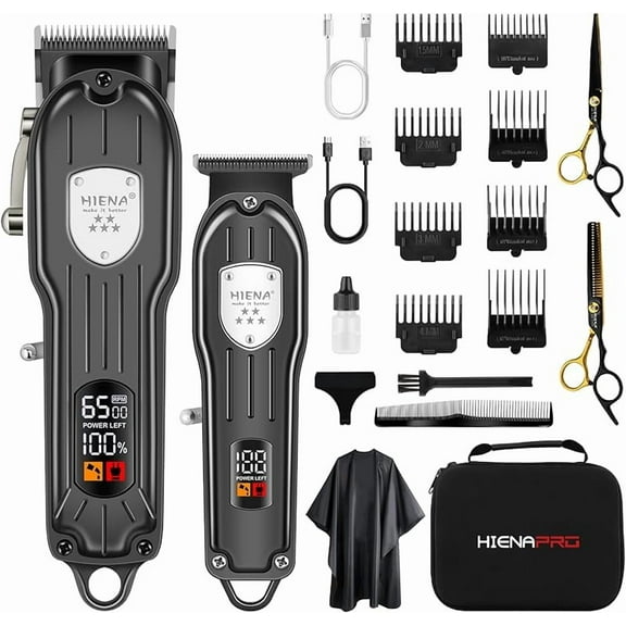 HIENA PRO Professional Hair Clippers Set for Men, Cordless Barber Clipper T-Blade Trimmer Set, Electric Hair Cutting Machine Kit, USB Rechargeable Clipper Set for Barbers with LED Display (Black)