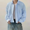 thumbnail image 5 of Men's Striped Crop Blouse Casual Button-Down Lapel Long-Sleeve Shirt Loose Fit Top, 5 of 7