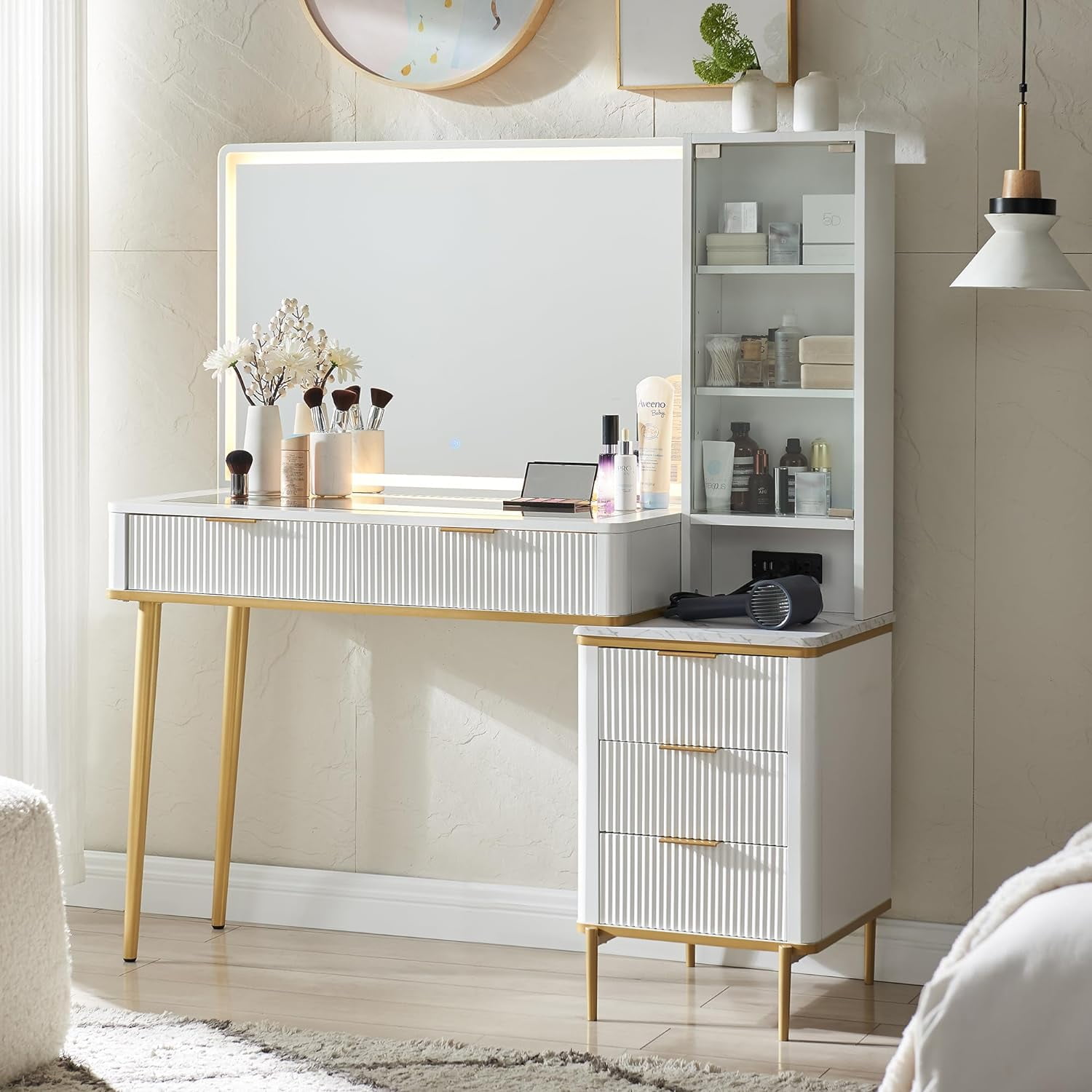 OKD Makeup Vanity Table with Lighted and Mirror, Glass Top Vanity Desk with 5 Drawers & Charging Station for Bedroom,White
